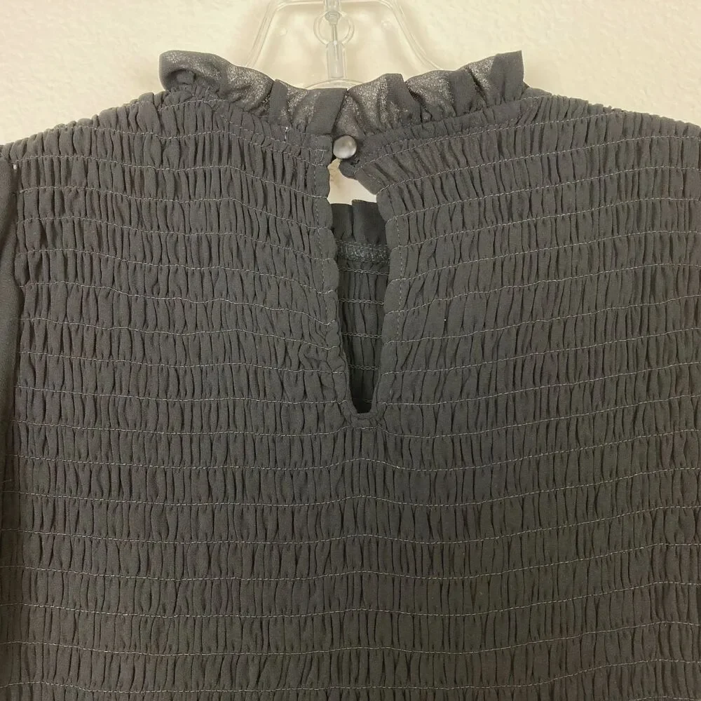 Mi Ami Women's Smocked Peasant Blouse Size S Black Sheer Sleeves